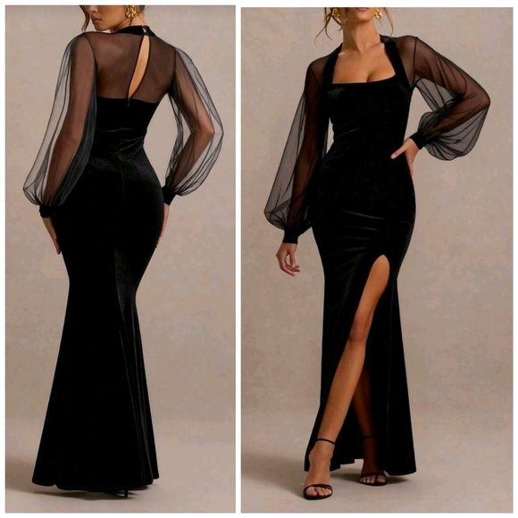New Luxe Sheer Bishop Sleeve Velvet Split Leg Maxi Dress Gown Black